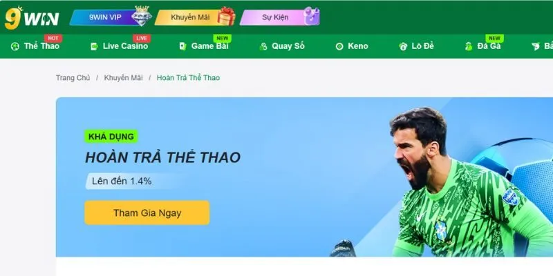 Chương trình hoàn trả thể thao lên tới 1.4% tại 9WIN